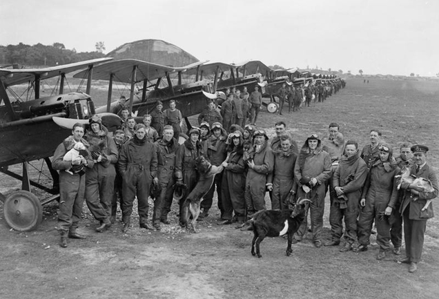 The officers of No. 85 Squadron, including Major Edward Mannock, gather in front of their Royal Aircraft Factory S.E.5a scouts at St Omer aerodrome in France in 1918 (Imperial War Museum)